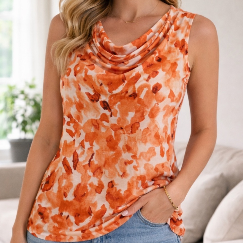 Dana Buchman Orange Brown Abstract Floral Cowl Neck Sleeveless Blouse Top M⁠